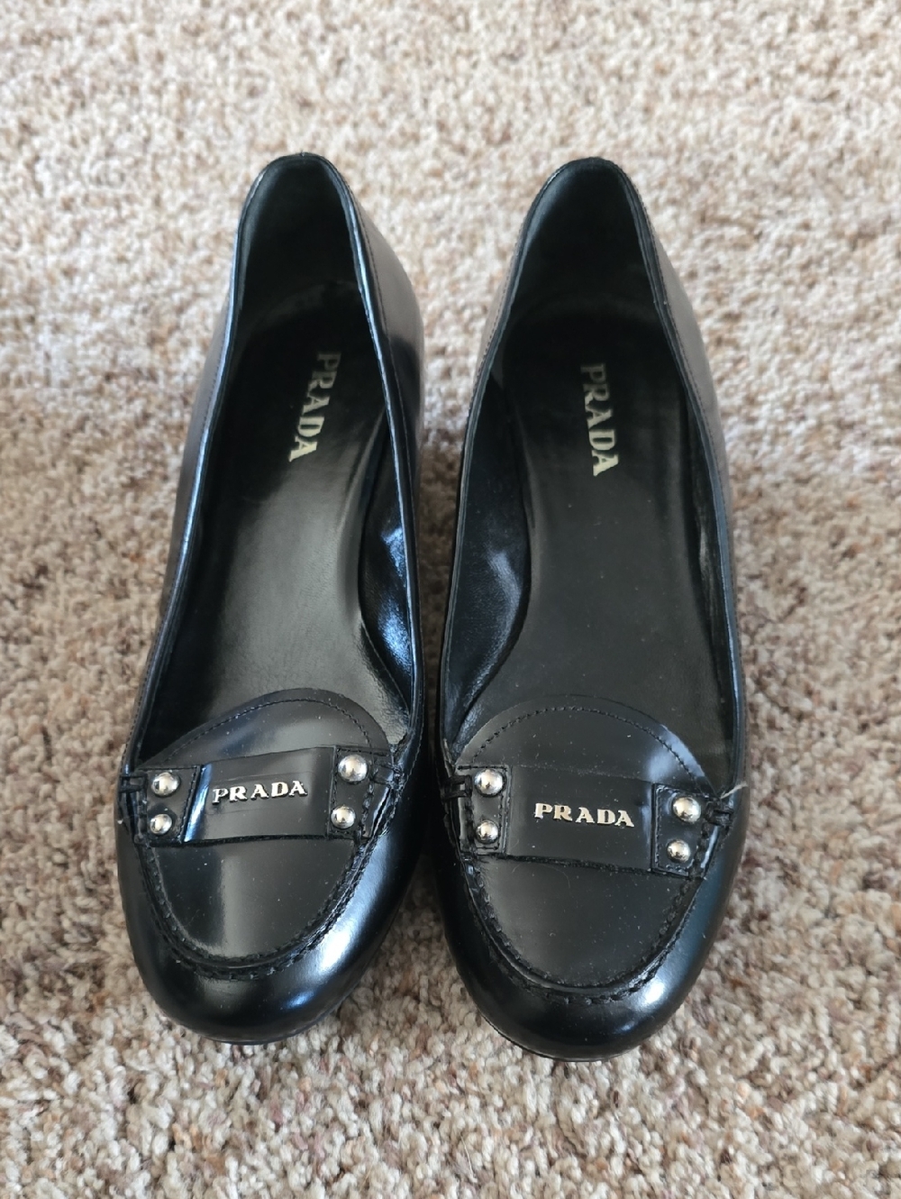Prada Black Patent Leather Women's Loafers with Logo Plaque and Studs